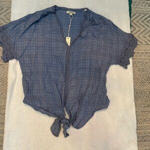 Max Studio Blue Tie-Front Blouse with Lace Sleeves